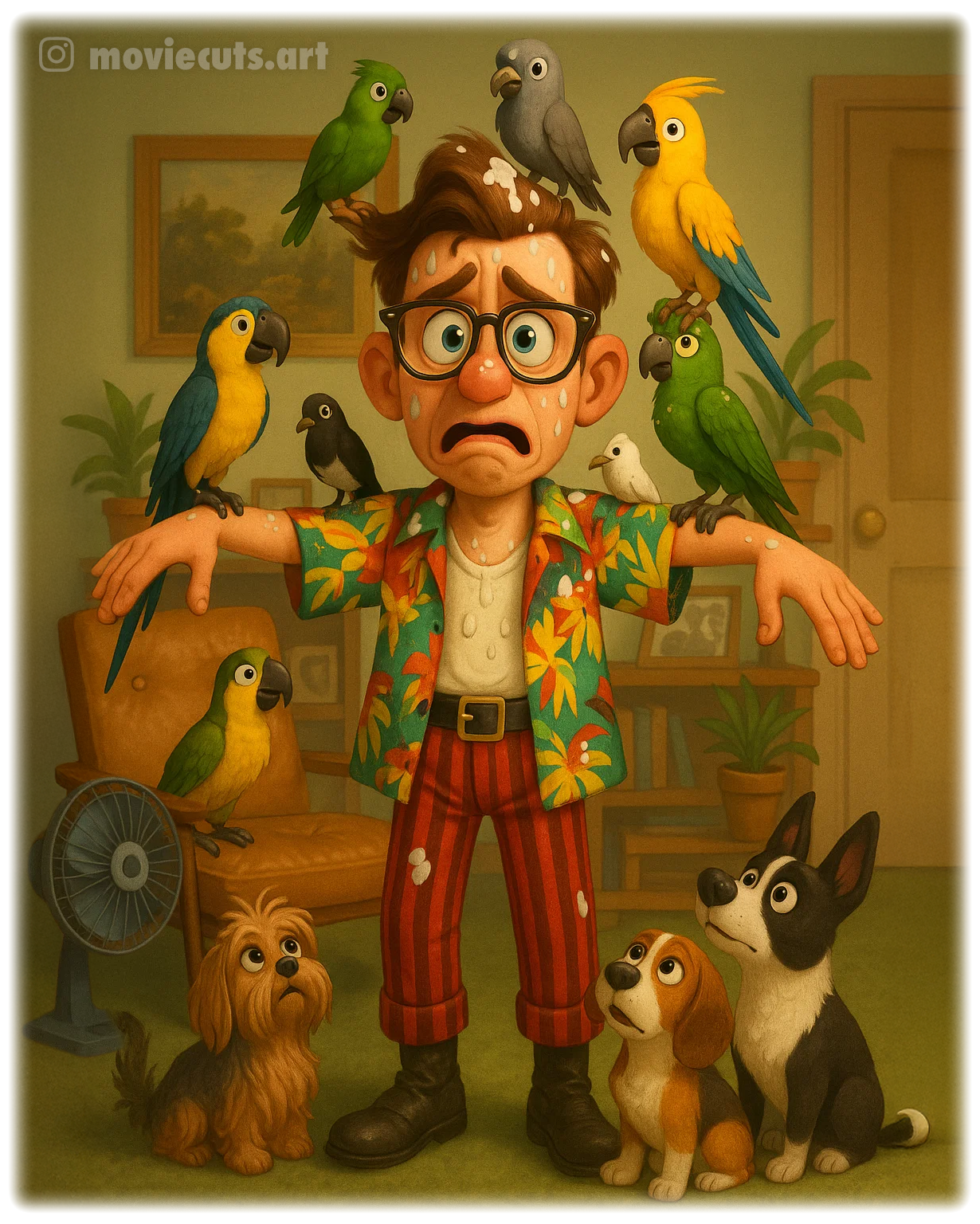Ace-Ventura-Cartoon: Die moviecuts-Figur zwischen Papageien und Hunden.
