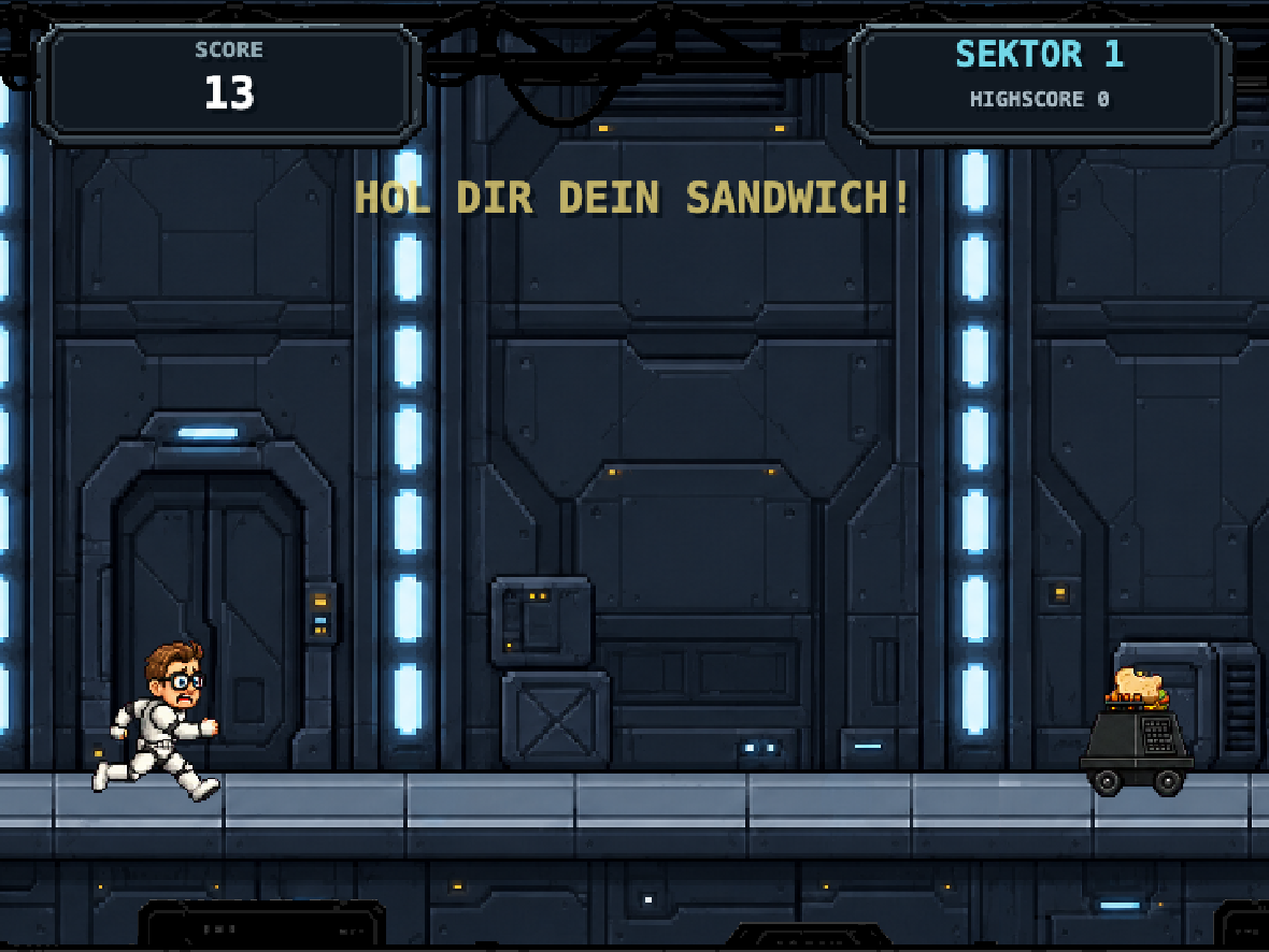 Lunch Run: Der Pixelheld verfolgt den Sandwich-Droiden durch einen Raumstationskorridor.