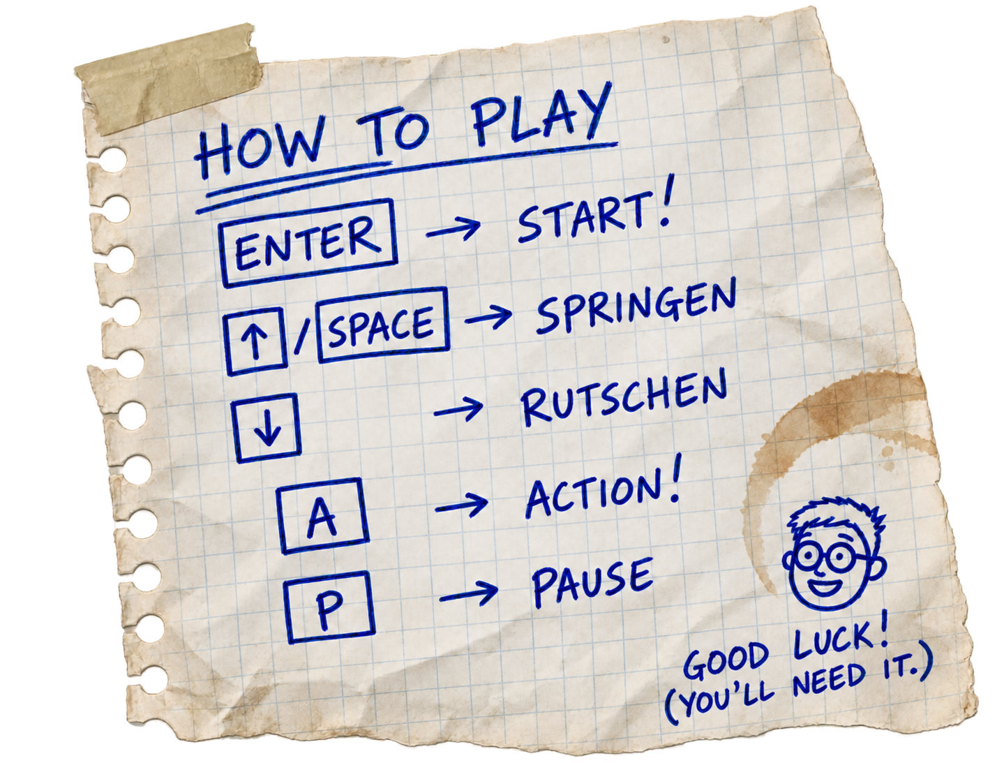 Handschriftlicher How-to-play-Zettel mit kleiner Cartoonzeichnung: Enter startet das Spiel. Pfeil hoch oder Leertaste: springen. Pfeil runter: rutschen. A: Action. P: Pause. Good luck – you'll need it!