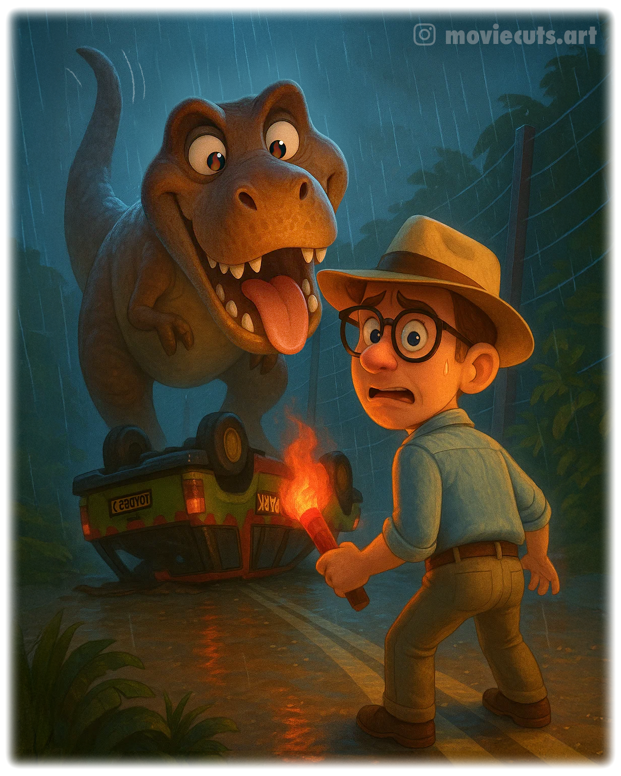 Jurassic-Park-Cartoon: Die moviecuts-Figur mit Fackel vor einem Dinosaurier.