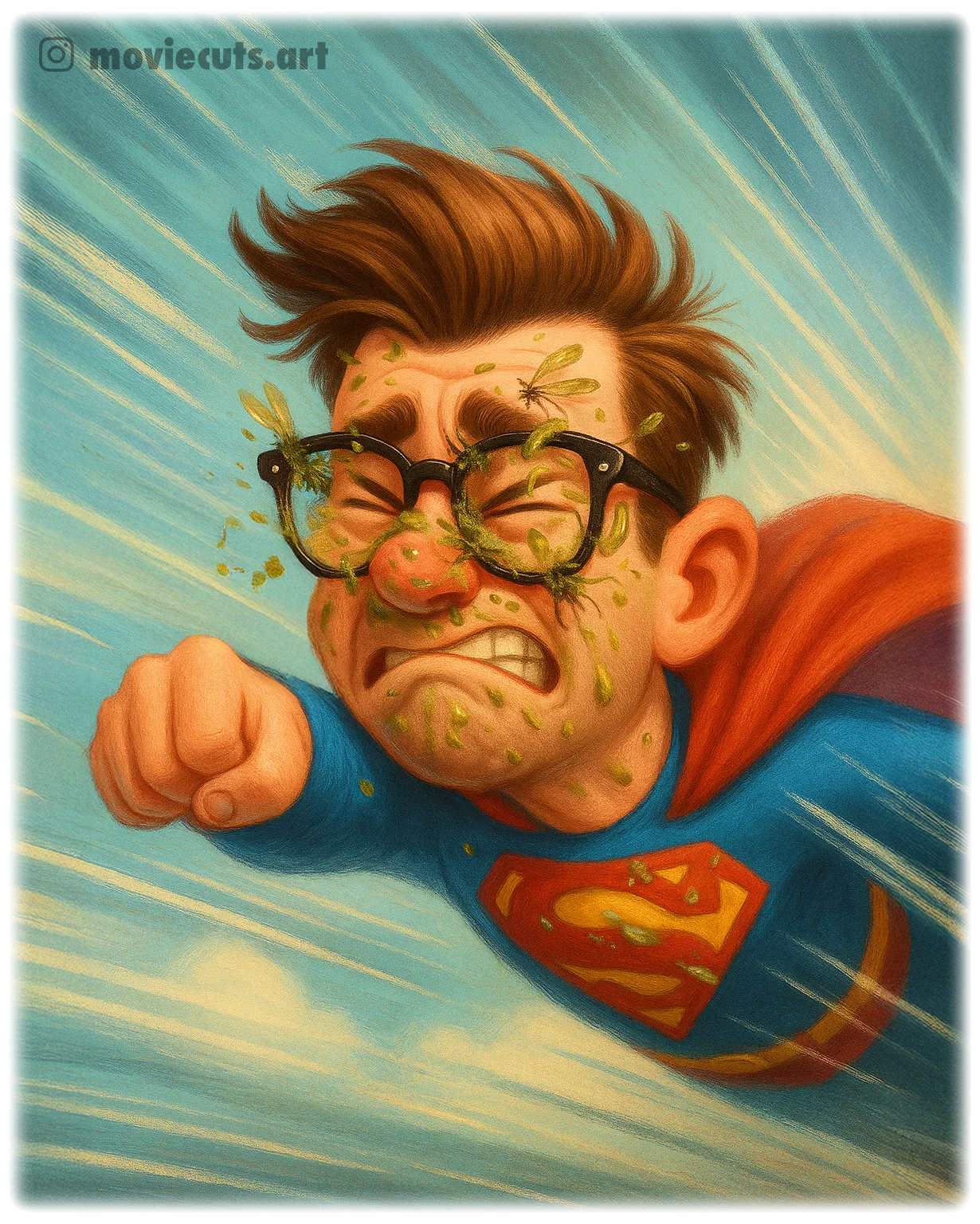 Superman-Cartoon: Die fliegende moviecuts-Figur mit Insekten im Gesicht.